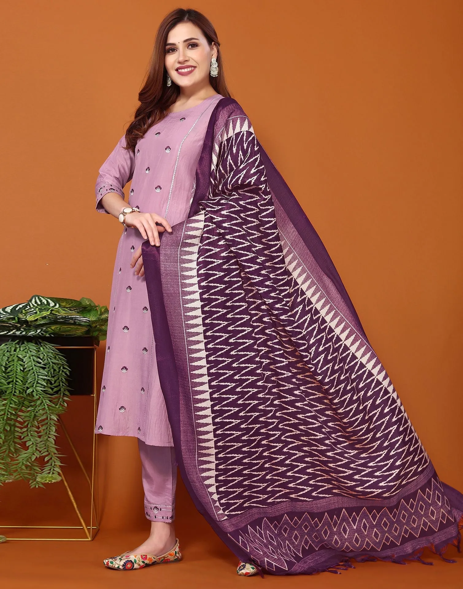 Light Purple Embroidery Chinnon Straight Kurta With Pant And Dupatta