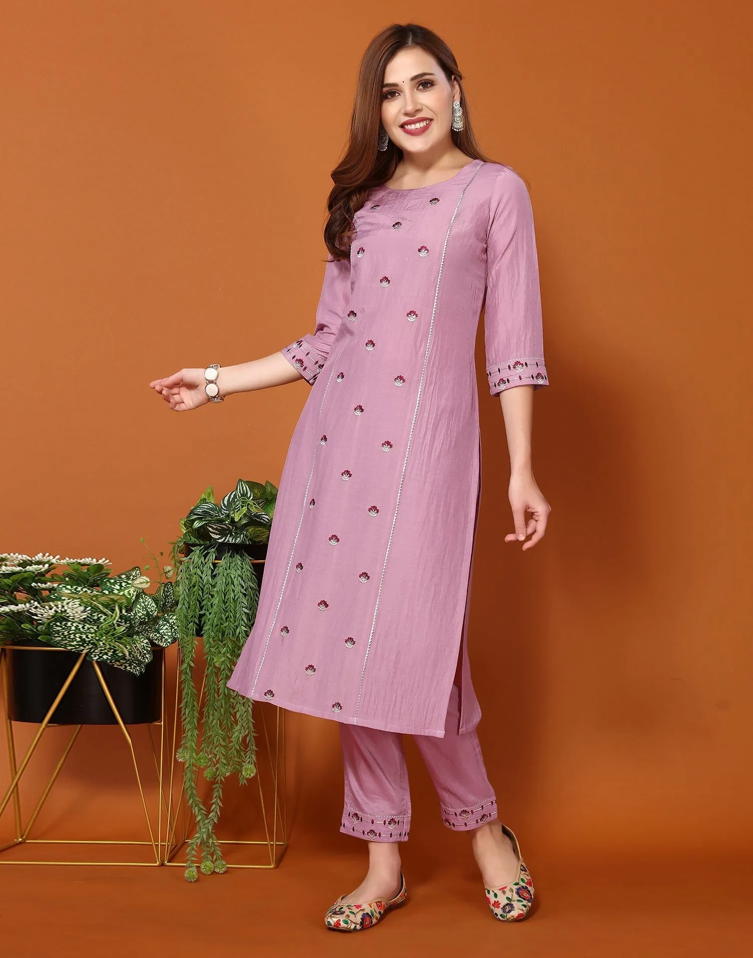 Light Purple Embroidery Chinnon Straight Kurta With Pant And Dupatta