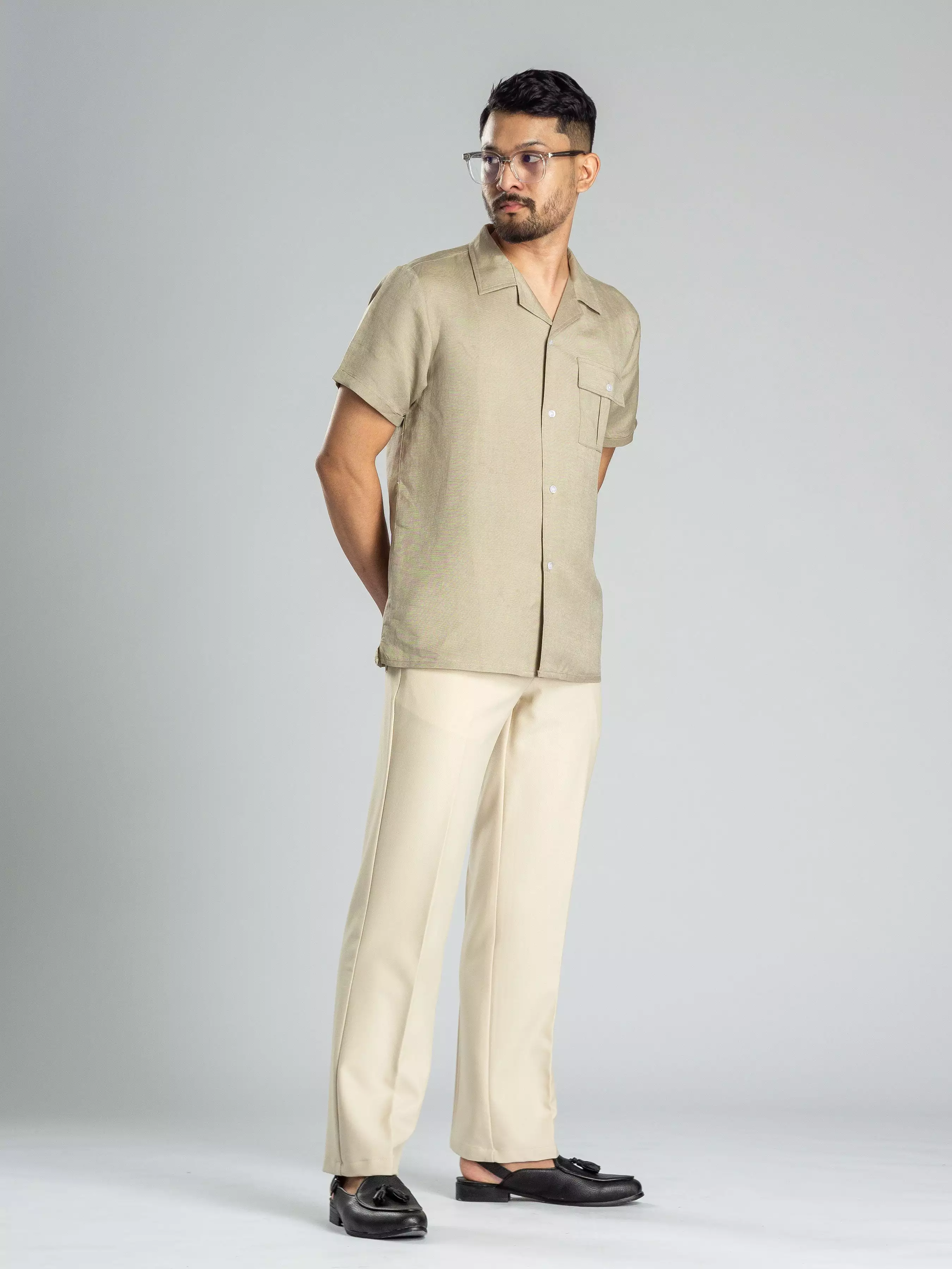 Linen Cuban Collar Shirt - Beige