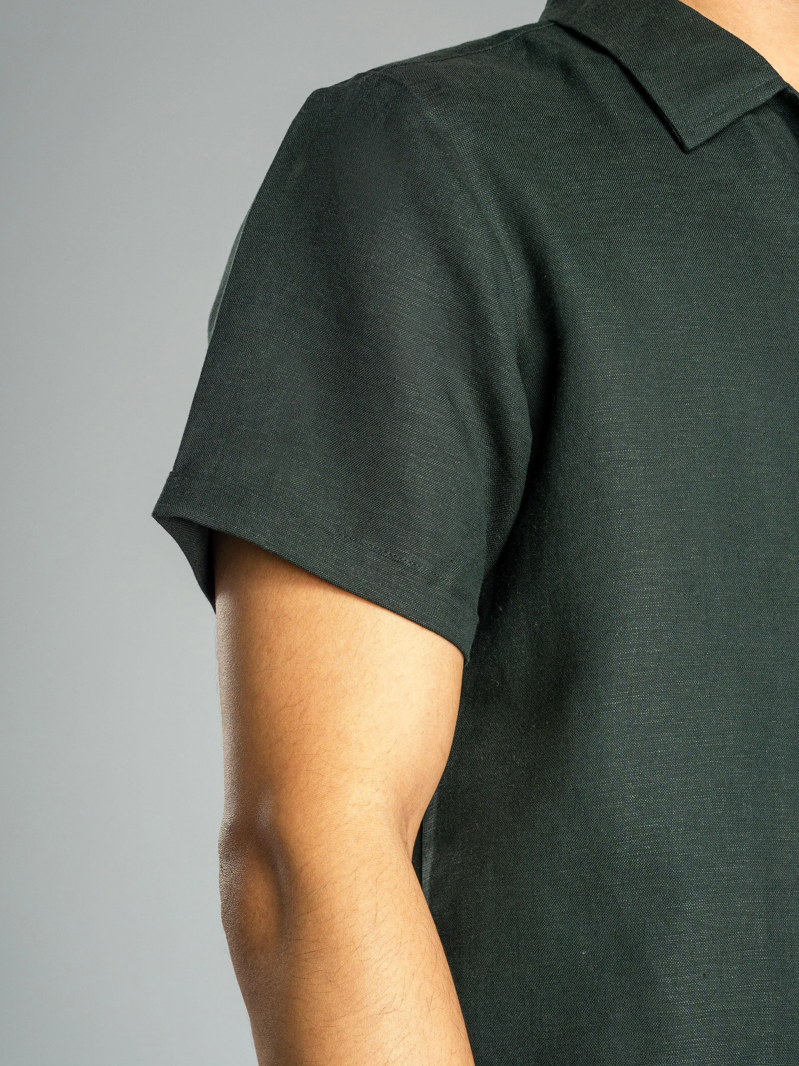 Linen Cuban Collar Shirt - Dark Green