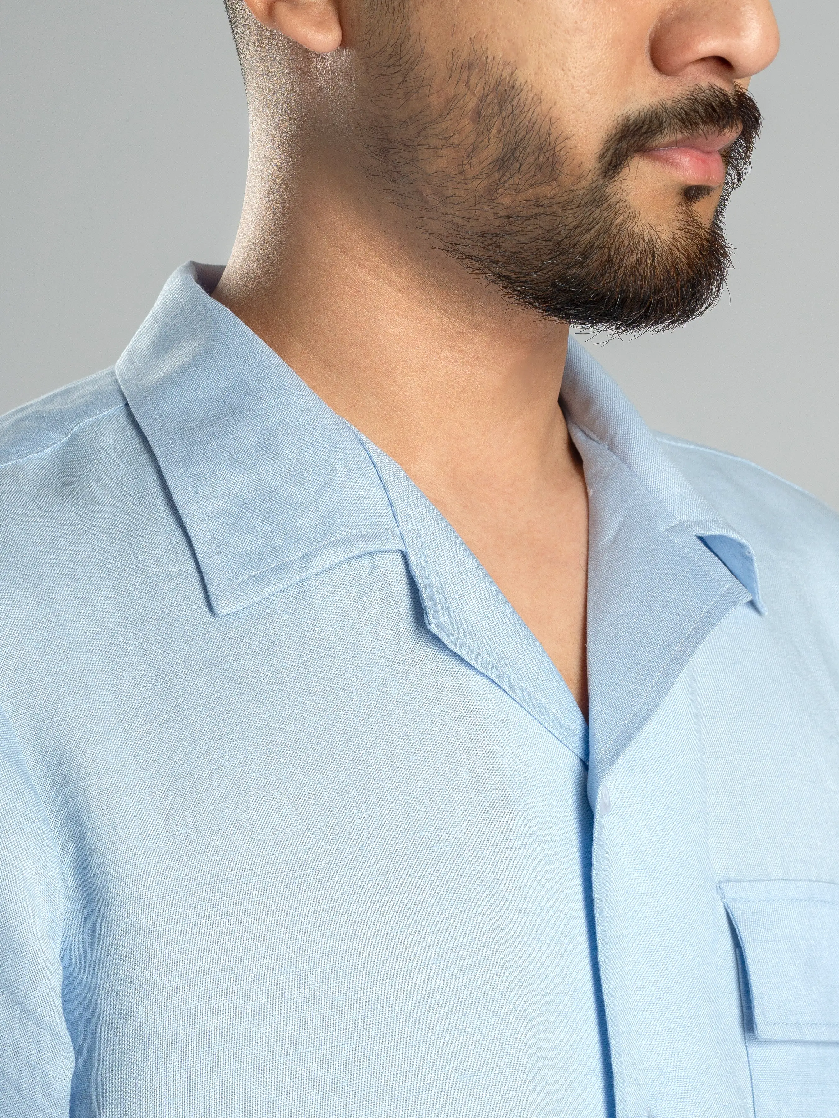 Linen Cuban Collar Shirt - Light Blue