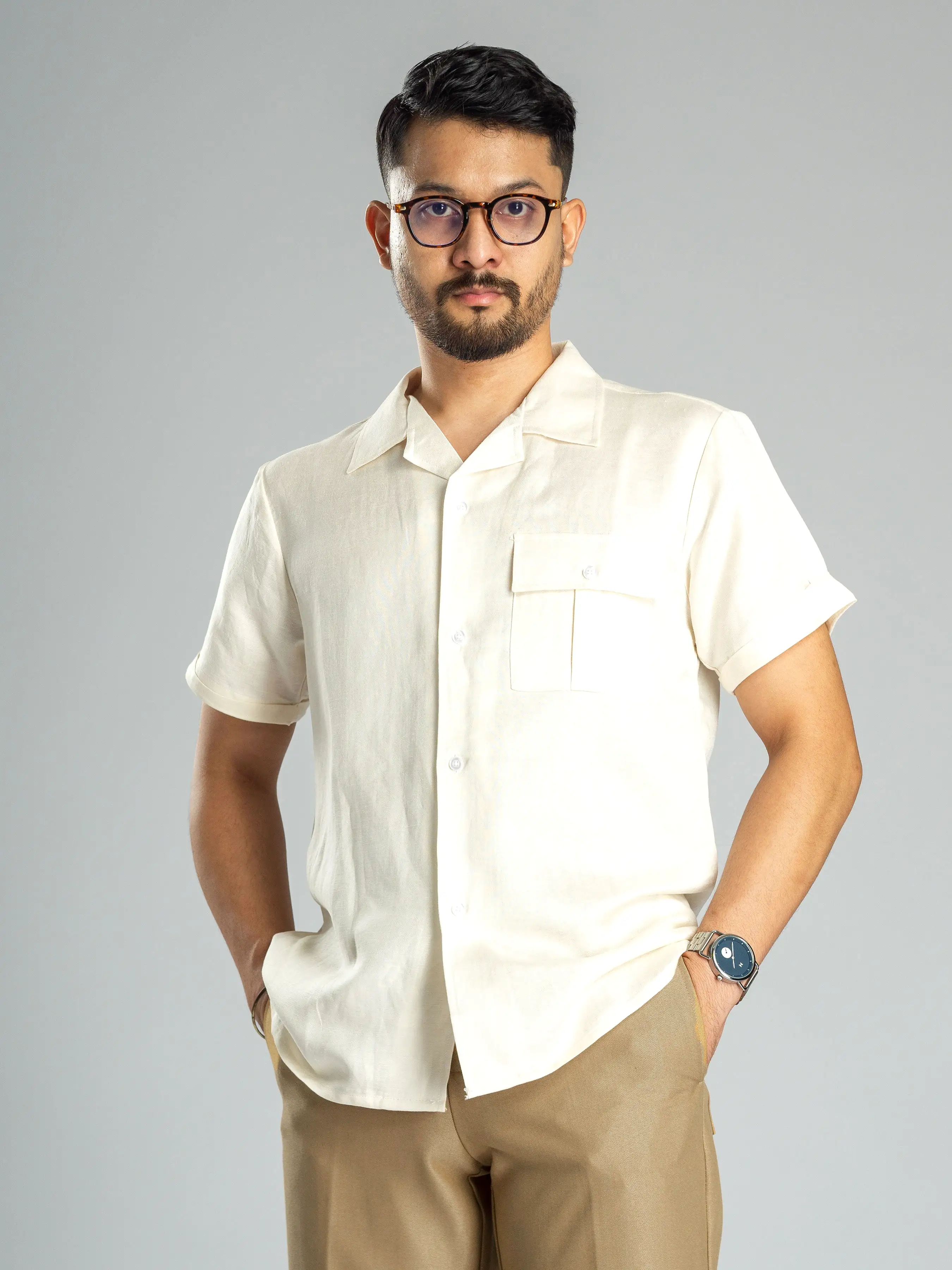 Linen Cuban Collar Shirt - Off White