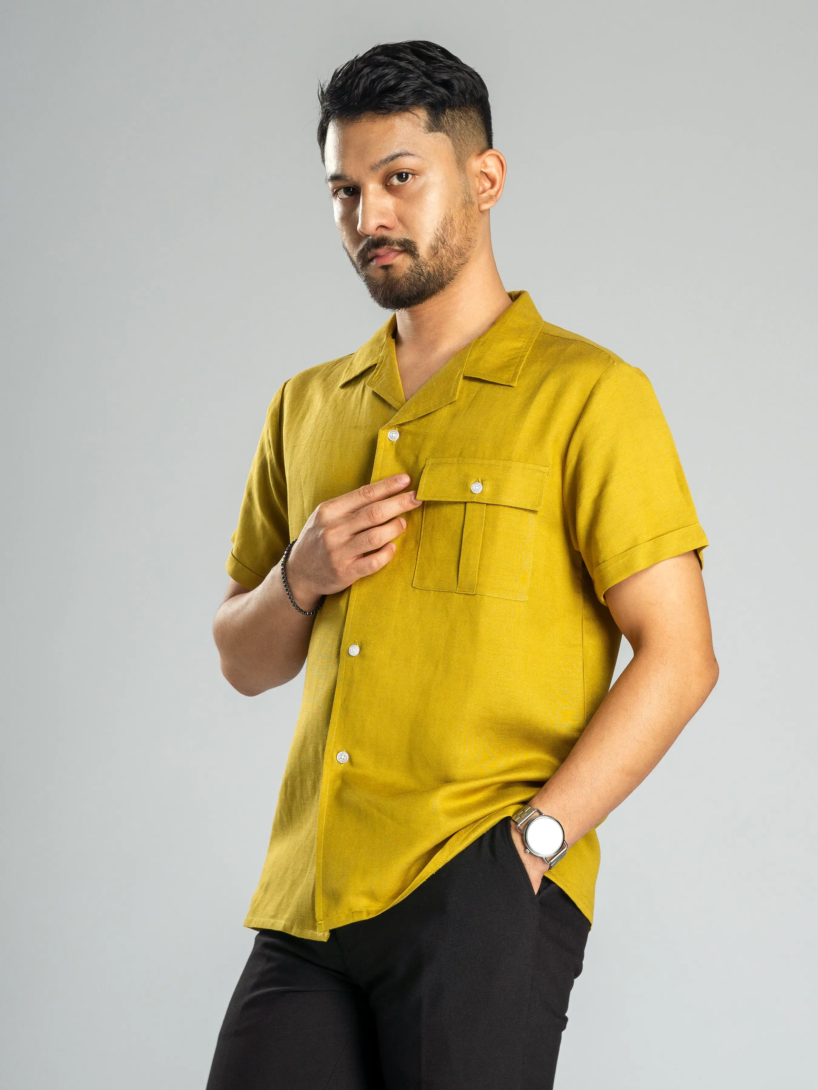 Linen Cuban Collar Shirt - Warm Olive