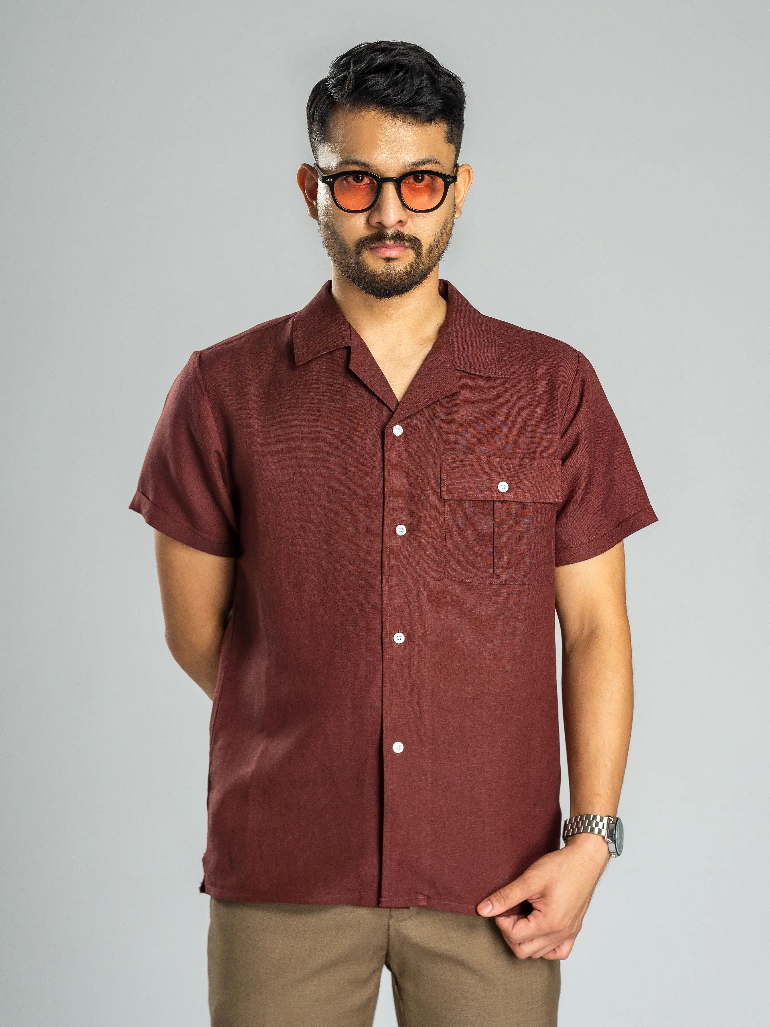 Linen Cuban Collar Shirt - Wine