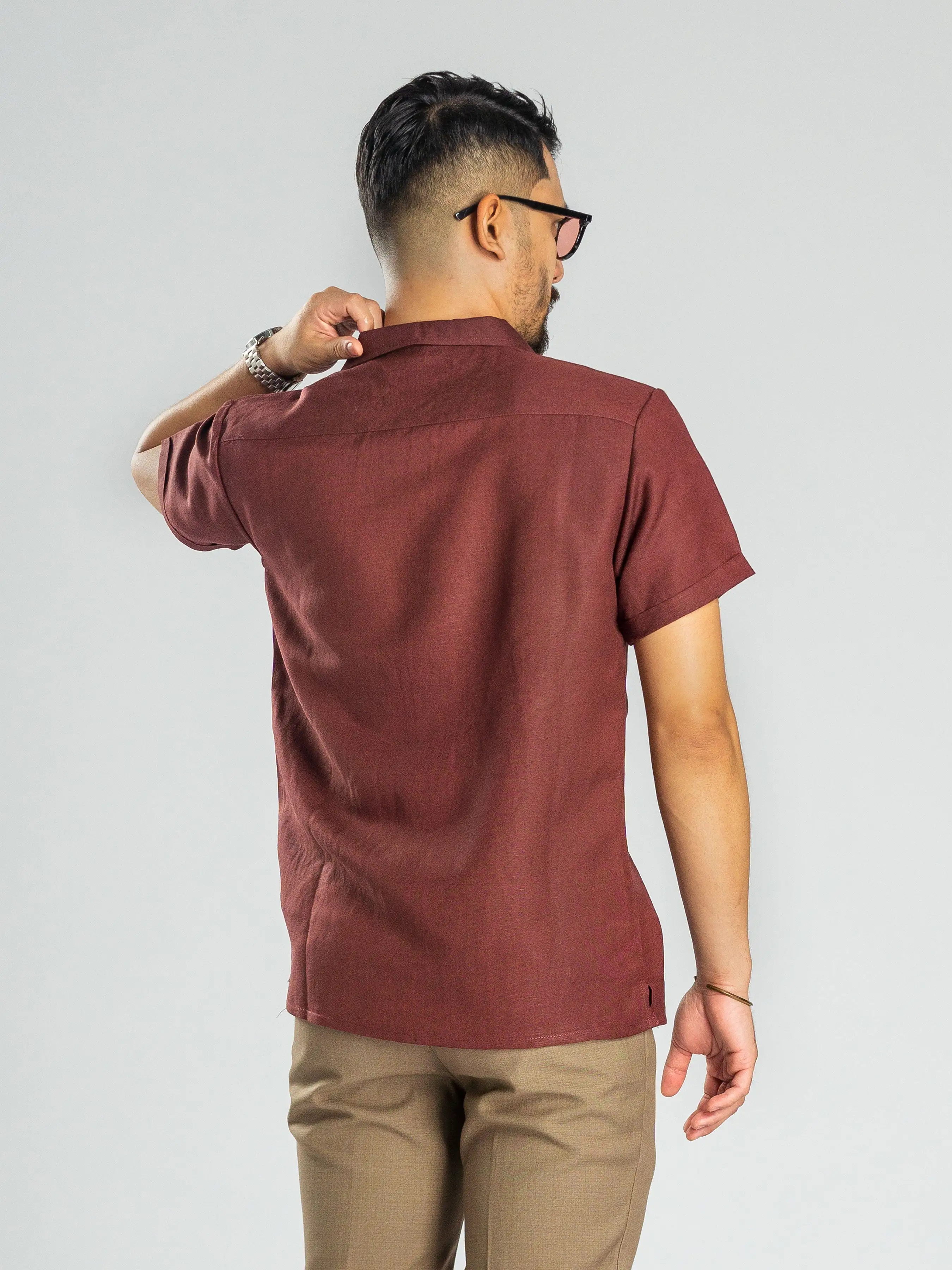 Linen Cuban Collar Shirt - Wine