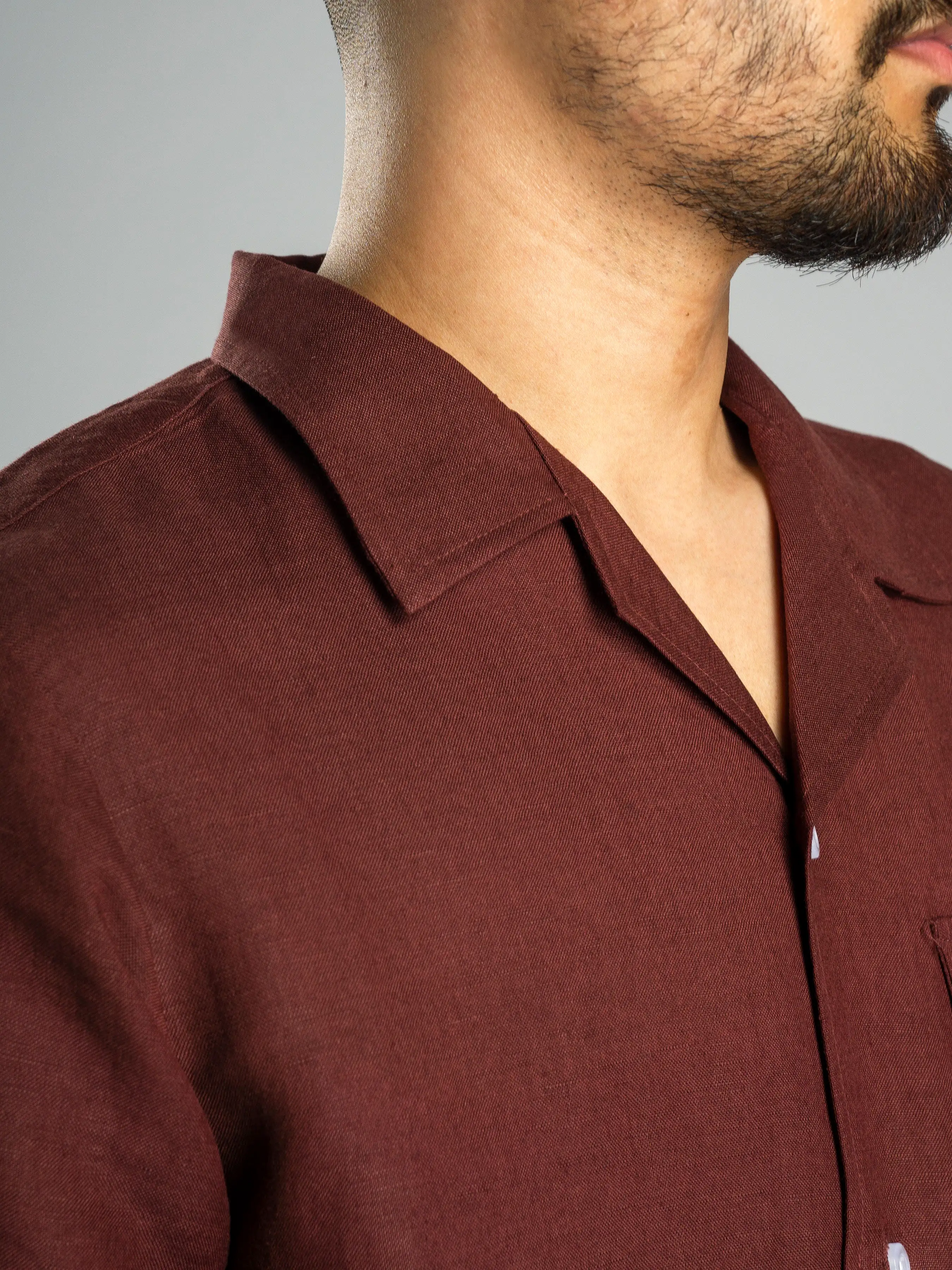 Linen Cuban Collar Shirt - Wine