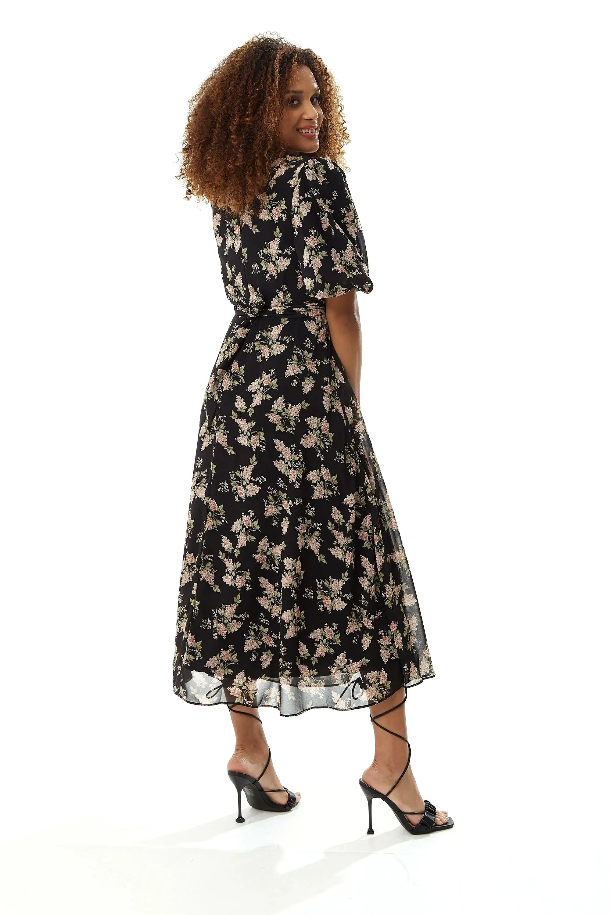 Liquorish Floral Midi Dress With Tie Waist