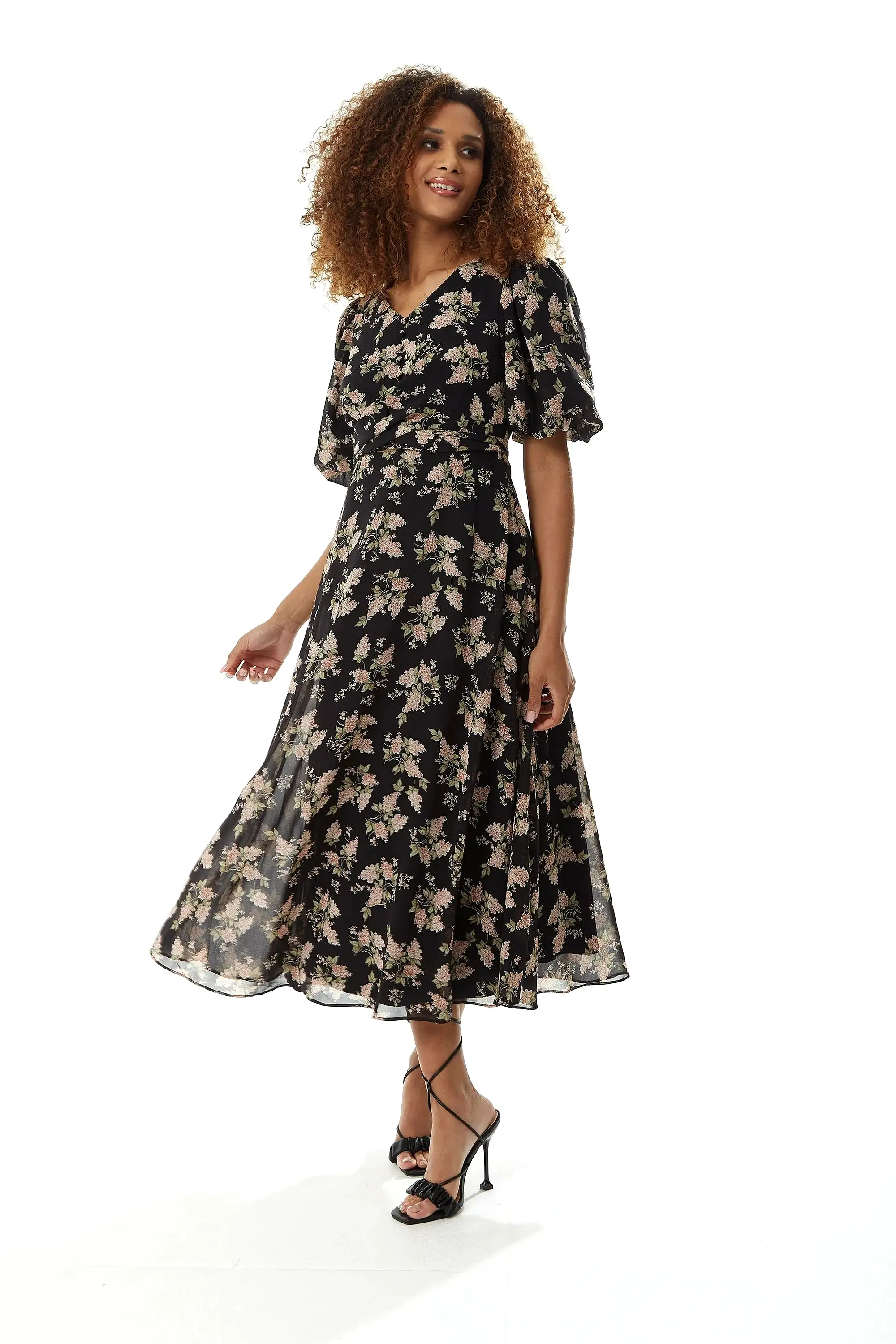 Liquorish Floral Midi Dress With Tie Waist