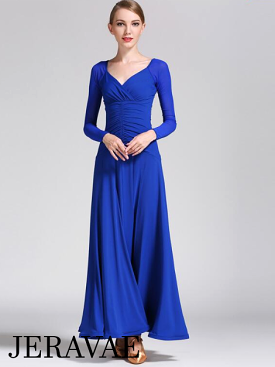 Long Ballroom Practice Dress with Sweetheart Neckline, Long Mesh Sleeves, and Ruching On Waist Available in Multiple Colors PRA 