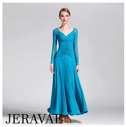 Long Ballroom Practice Dress with Sweetheart Neckline, Long Mesh Sleeves, and Ruching On Waist Available in Multiple Colors PRA 