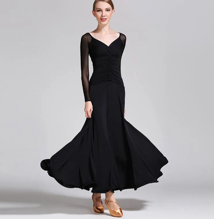 Long Ballroom Practice Dress with Sweetheart Neckline, Long Mesh Sleeves, and Ruching On Waist Available in Multiple Colors PRA 