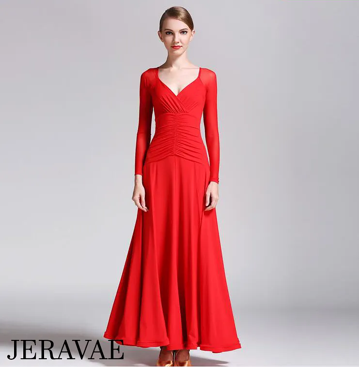 Long Ballroom Practice Dress with Sweetheart Neckline, Long Mesh Sleeves, and Ruching On Waist Available in Multiple Colors PRA 