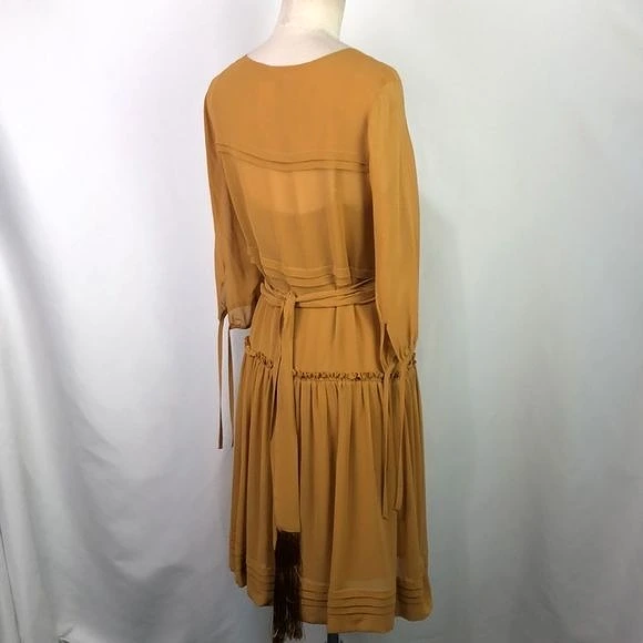 MaxMaraMustard Silk Drop Waist Dress with Fringe and Belt