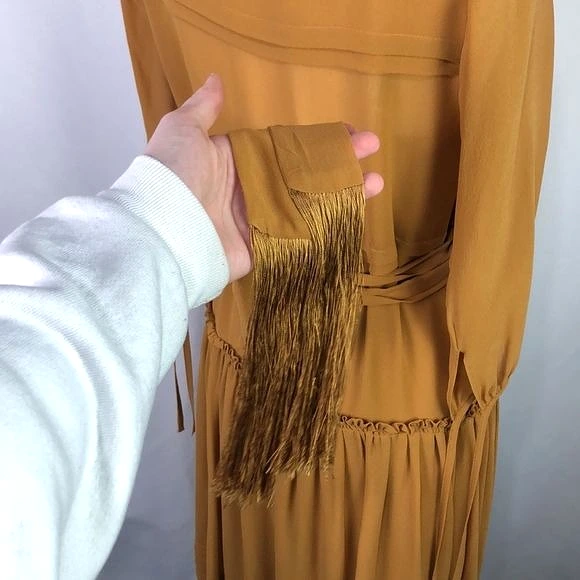 MaxMaraMustard Silk Drop Waist Dress with Fringe and Belt