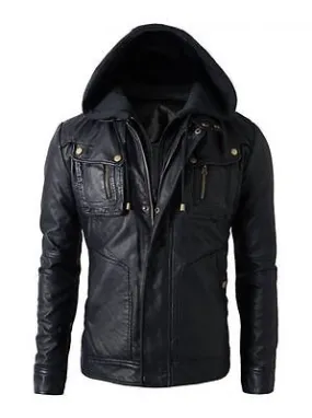 Men's Brando Double Zip Slim Fit Genuine Leather Jacket with Detachable Hood