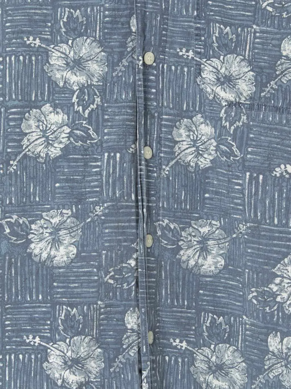 Mens vintage Hawaiian shirt with faded blue geometric and white floral pattern – Small / Medium