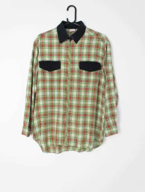 Mens vintage red green lightweight flannel shirt with zip and black corduroy detail – Small / Medium