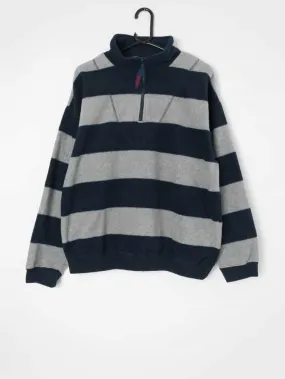 Mens vintage Slam yachting fleece in striped navy and grey with quarter zip top – Small / Medium