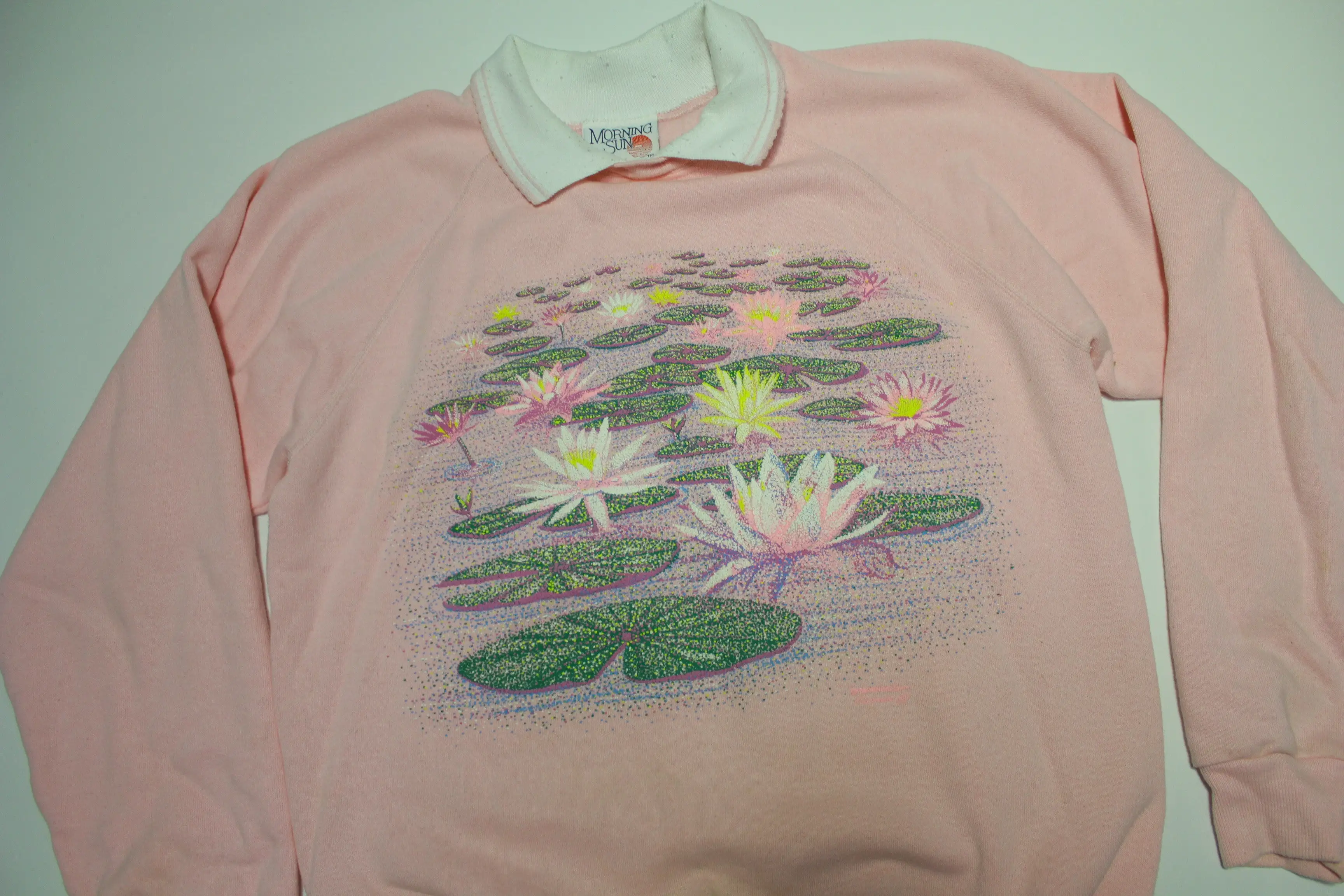 Morning Sun Pink Lilly Pads Vintage 80's Collared Crewneck Grandma's Sweatshirt