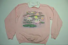 Morning Sun Pink Lilly Pads Vintage 80's Collared Crewneck Grandma's Sweatshirt