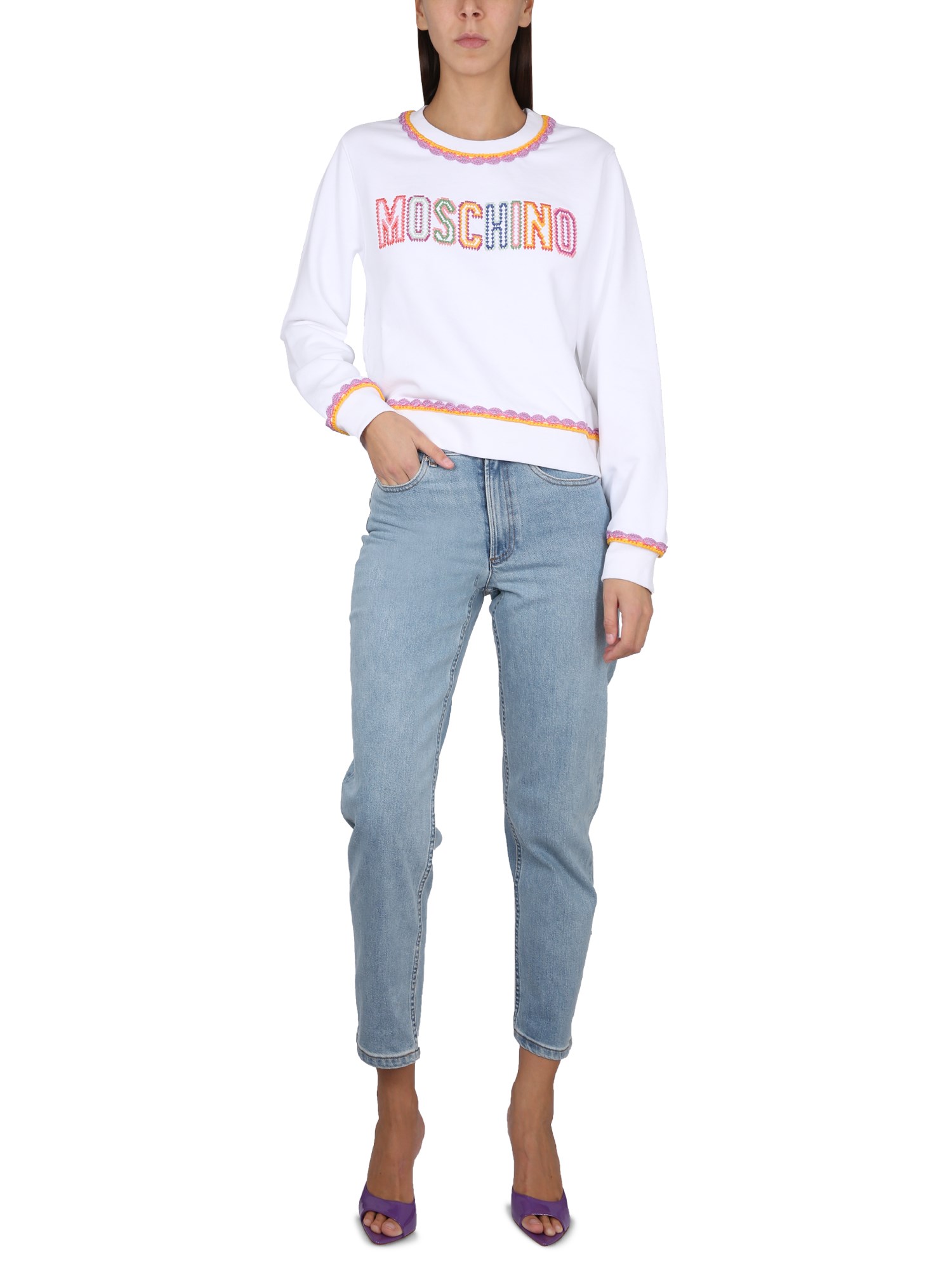 MOSCHINO    COTTON CREWNECK SWEATSHIRT WITH LOGO EMBROIDERY