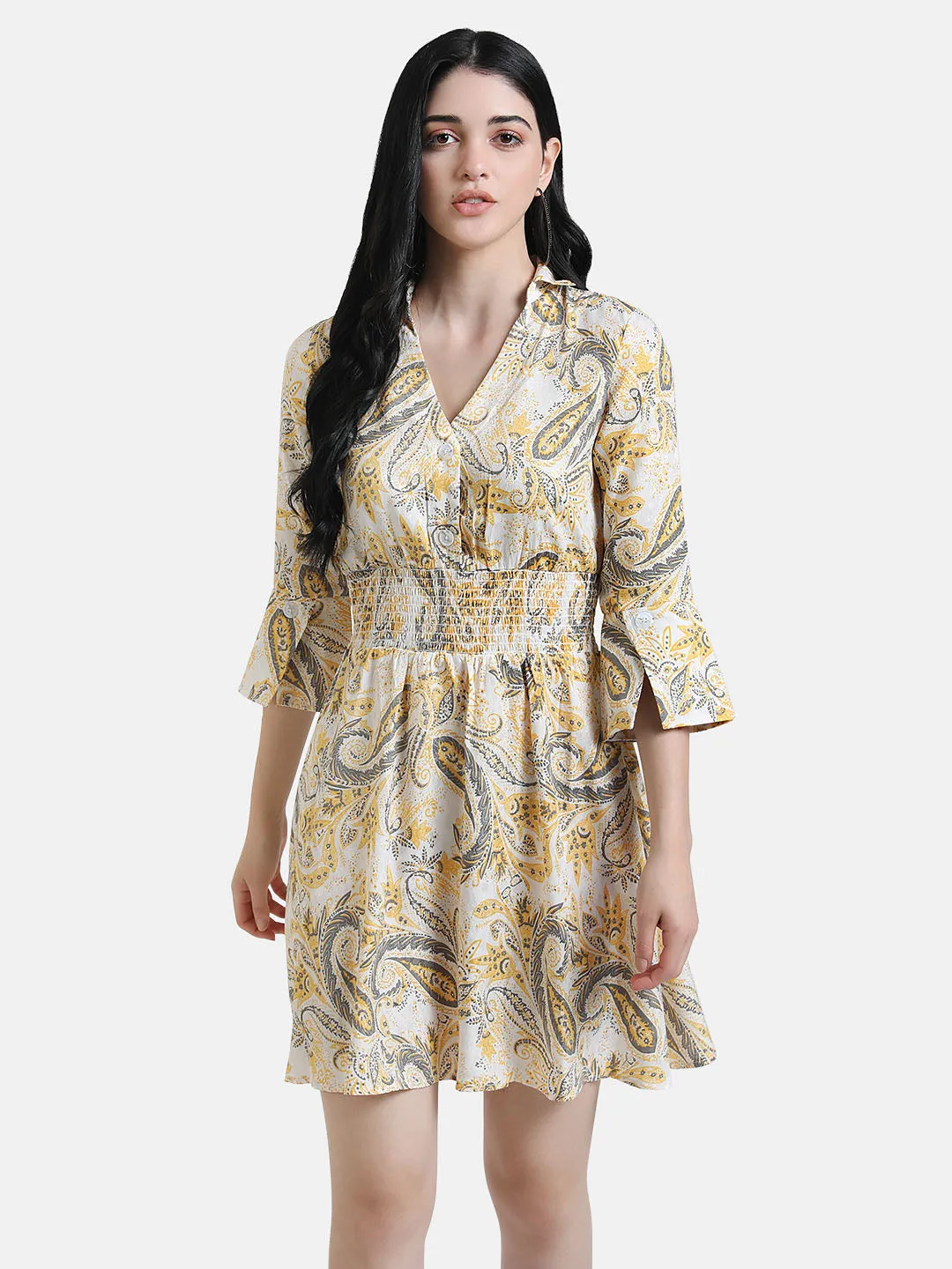 Paisley Printed Jacquard Mini Dress With Smocking At Waist