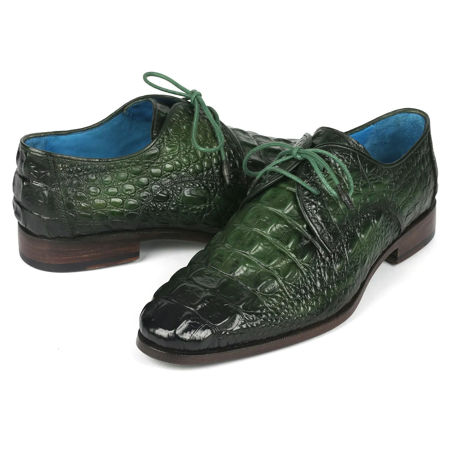 Paul Parkman 1438GRN Men's Shoes Green Crocodile Print Leather Derby Oxfords (PM6363)