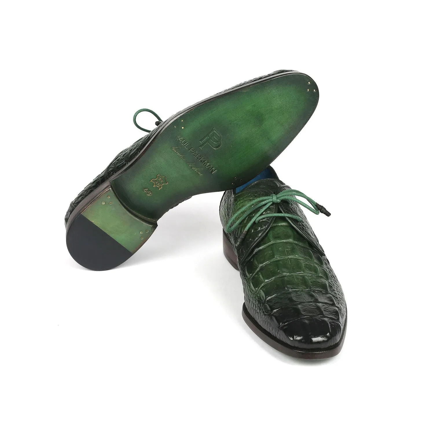 Paul Parkman 1438GRN Men's Shoes Green Crocodile Print Leather Derby Oxfords (PM6363)