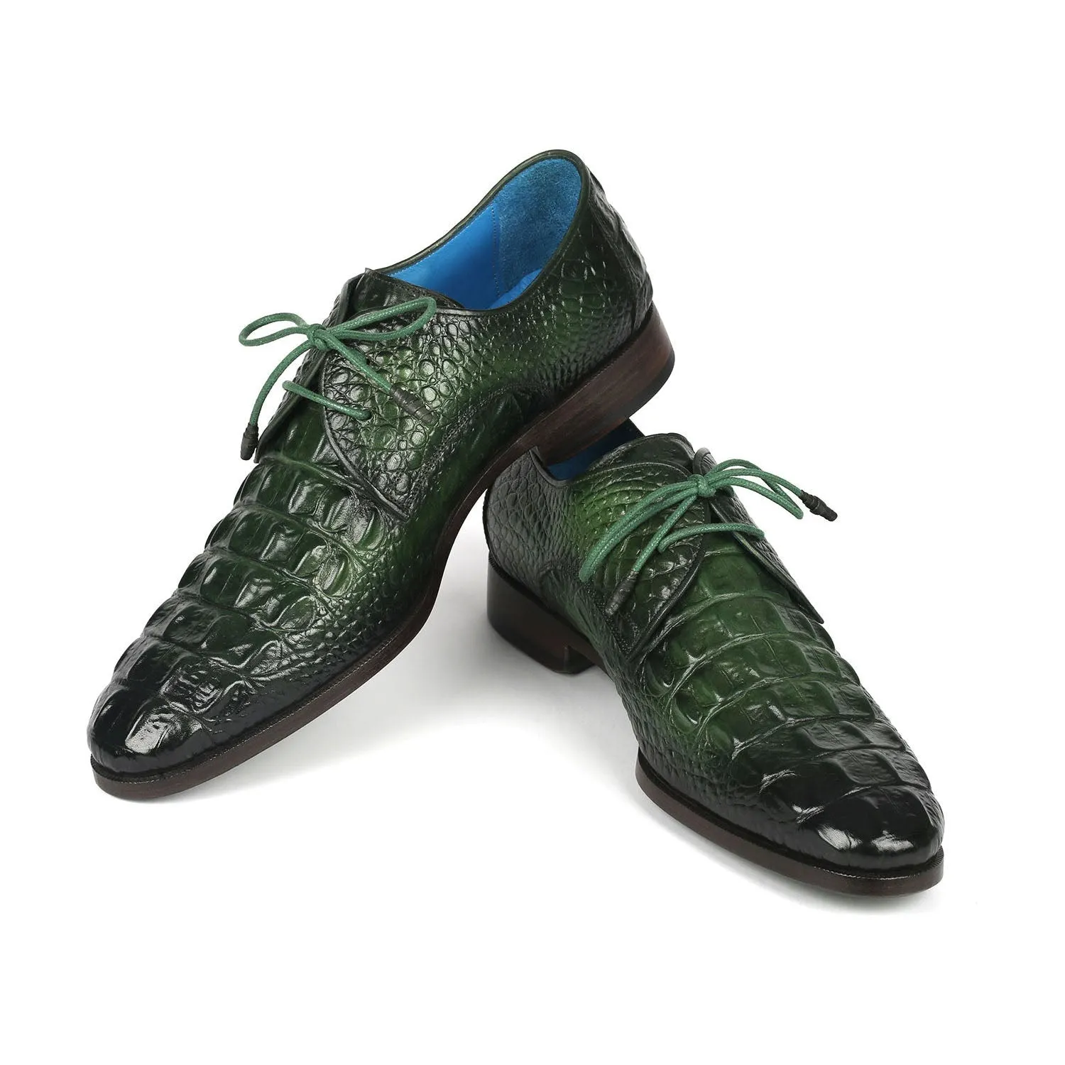 Paul Parkman 1438GRN Men's Shoes Green Crocodile Print Leather Derby Oxfords (PM6363)