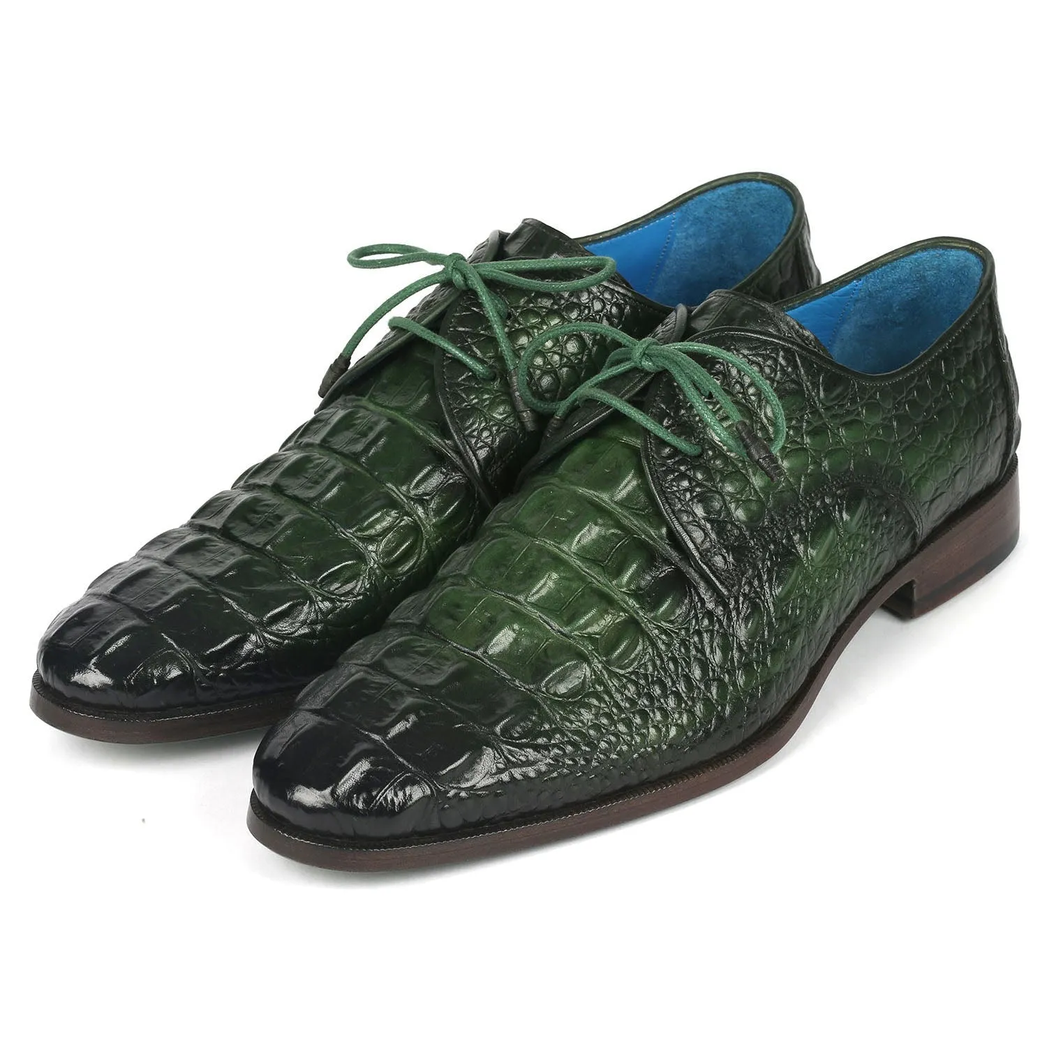 Paul Parkman 1438GRN Men's Shoes Green Crocodile Print Leather Derby Oxfords (PM6363)