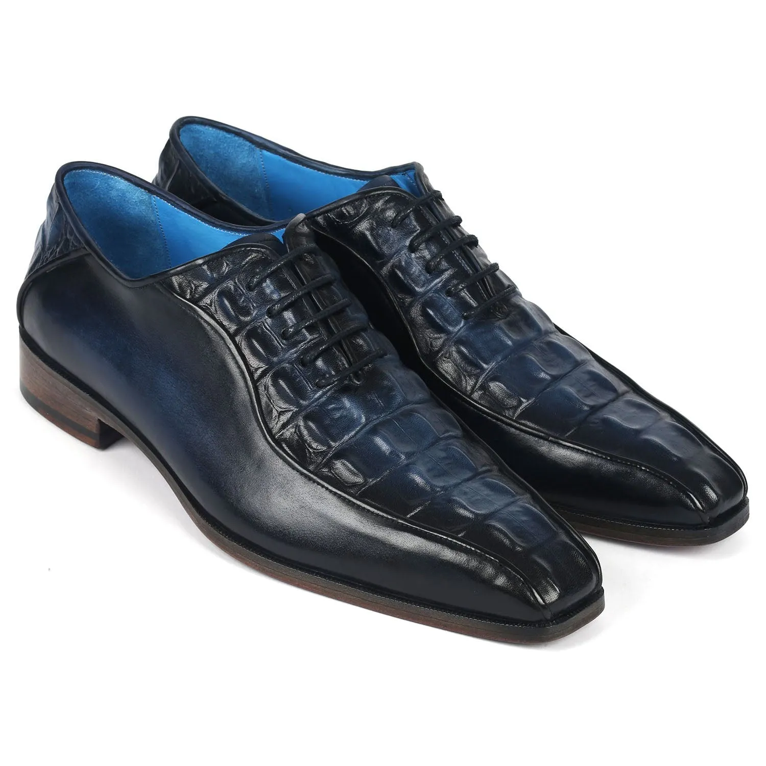 Paul Parkman 94-214 Men's Shoes Navy Crocodile Print Leather Bicycle Toe Oxfords (PM6365)