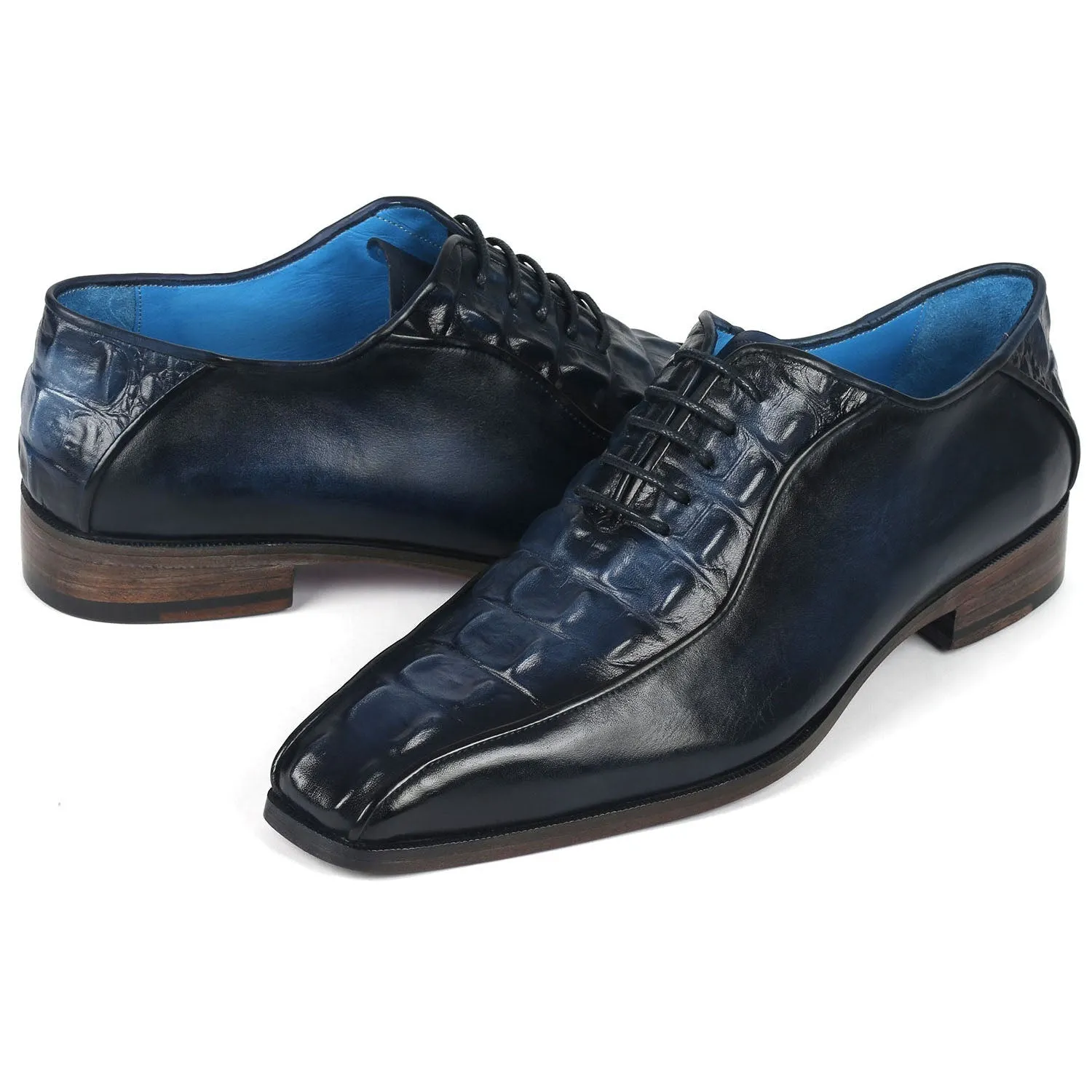 Paul Parkman 94-214 Men's Shoes Navy Crocodile Print Leather Bicycle Toe Oxfords (PM6365)