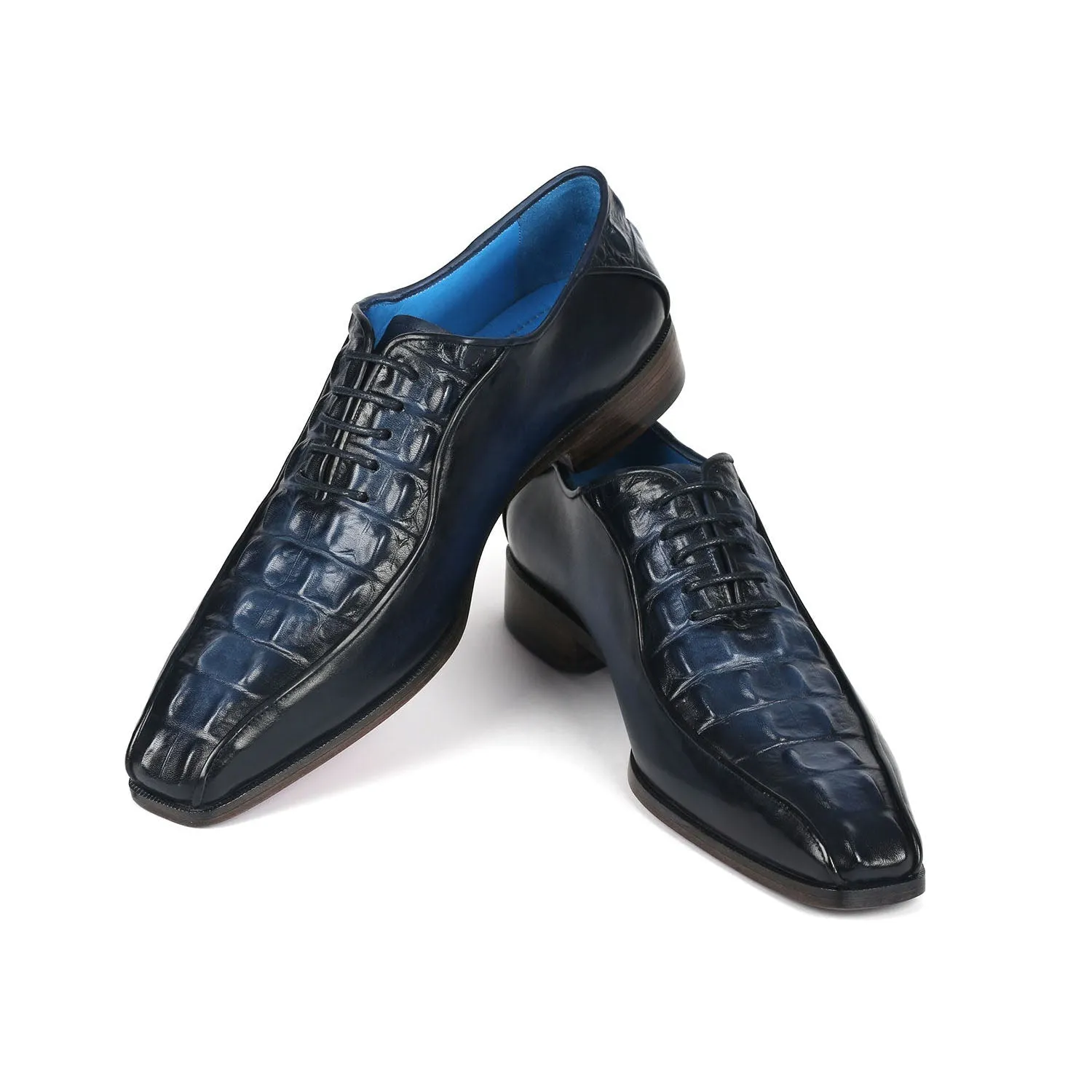 Paul Parkman 94-214 Men's Shoes Navy Crocodile Print Leather Bicycle Toe Oxfords (PM6365)