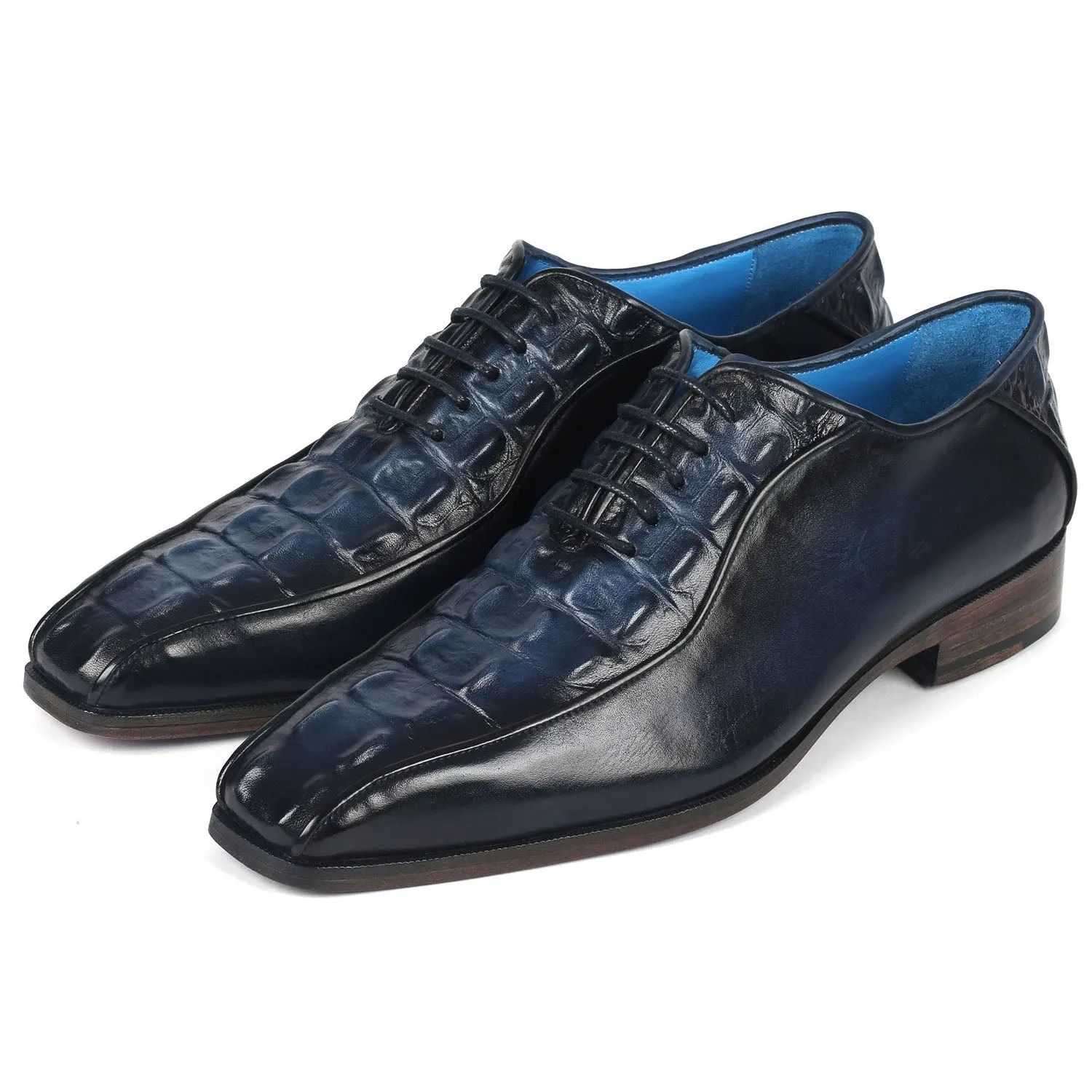 Paul Parkman 94-214 Men's Shoes Navy Crocodile Print Leather Bicycle Toe Oxfords (PM6365)