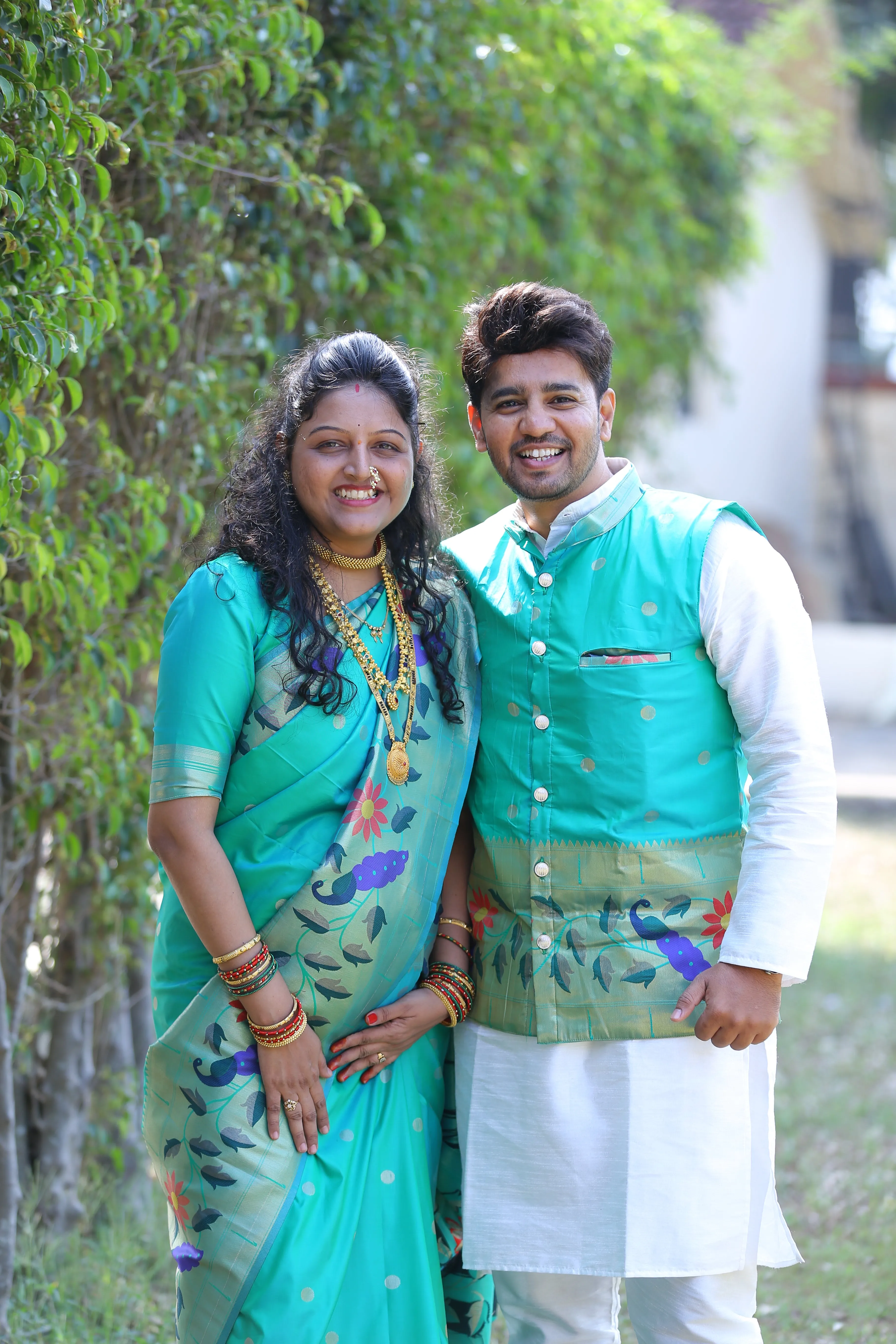 Premium paithani family outfits - color sea green