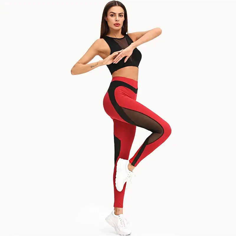 Red Contrast Leggings with Black Mesh Inserts and High Waist Annalise_sale