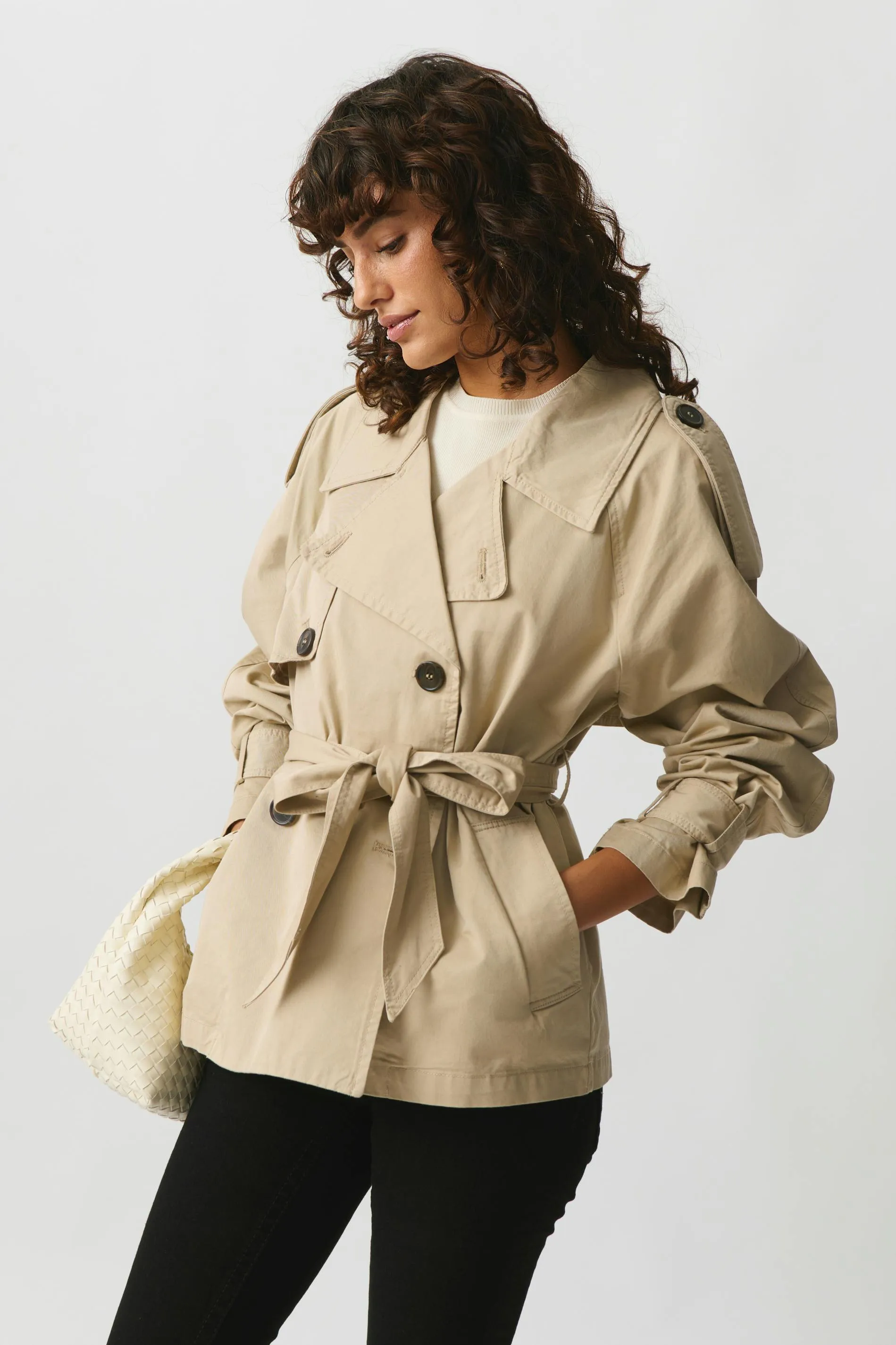 Short belted trench coat