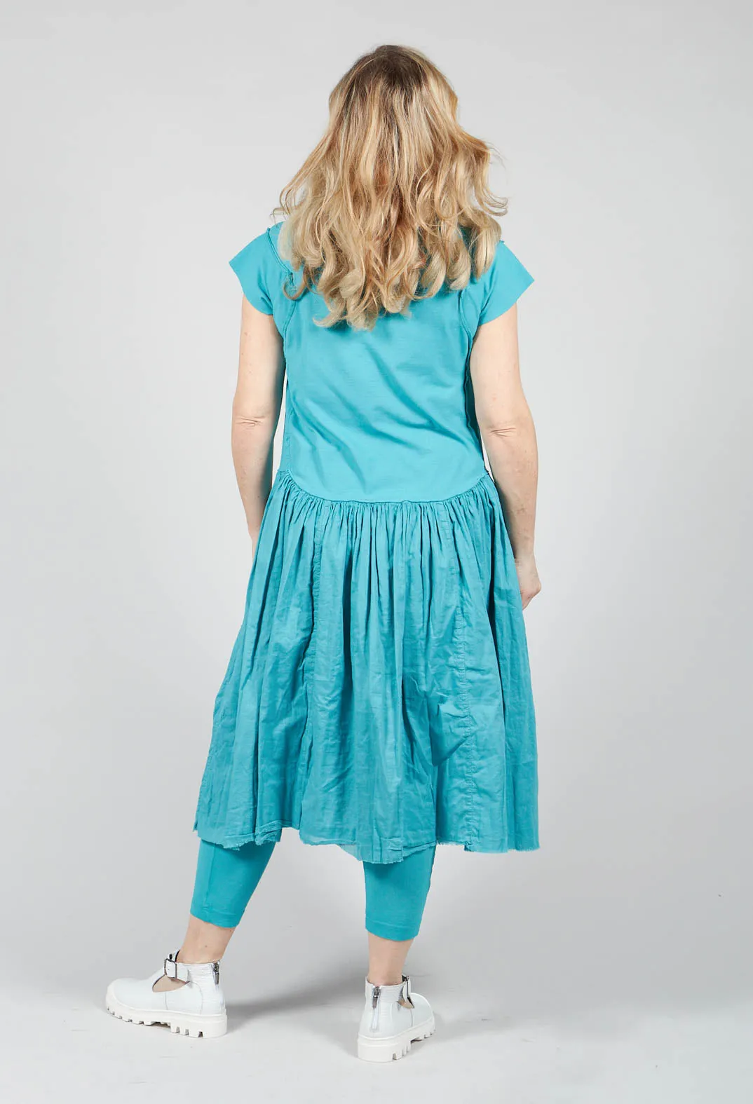 Short Sleeved Jersey Dress with Gathered Waist in Aqua