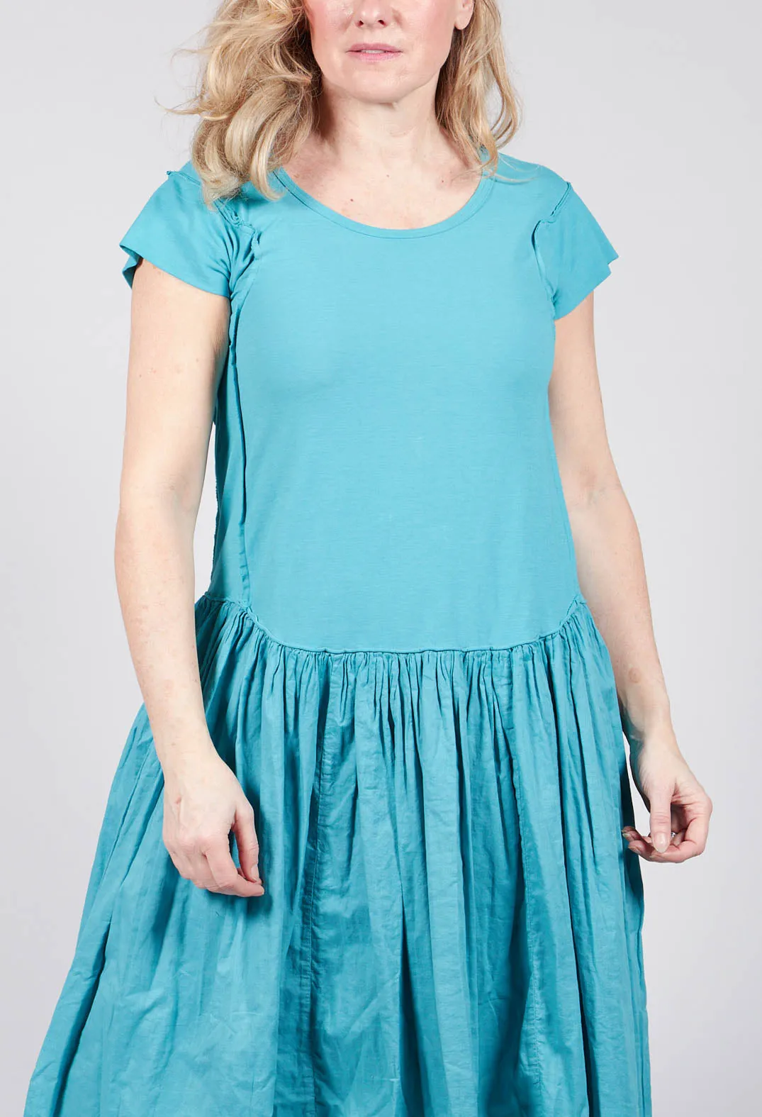 Short Sleeved Jersey Dress with Gathered Waist in Aqua