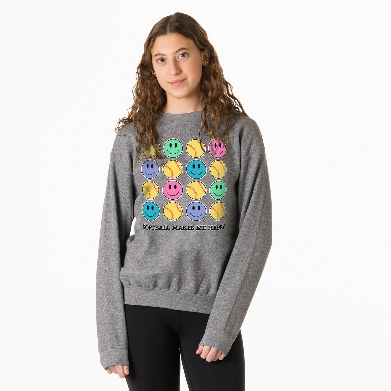 Softball Crewneck Sweatshirt - Softball Makes Me Happy 