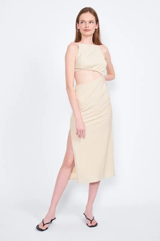 SPAGHETTI STRAP MIDI DRESS WITH WAIST CUT OUT