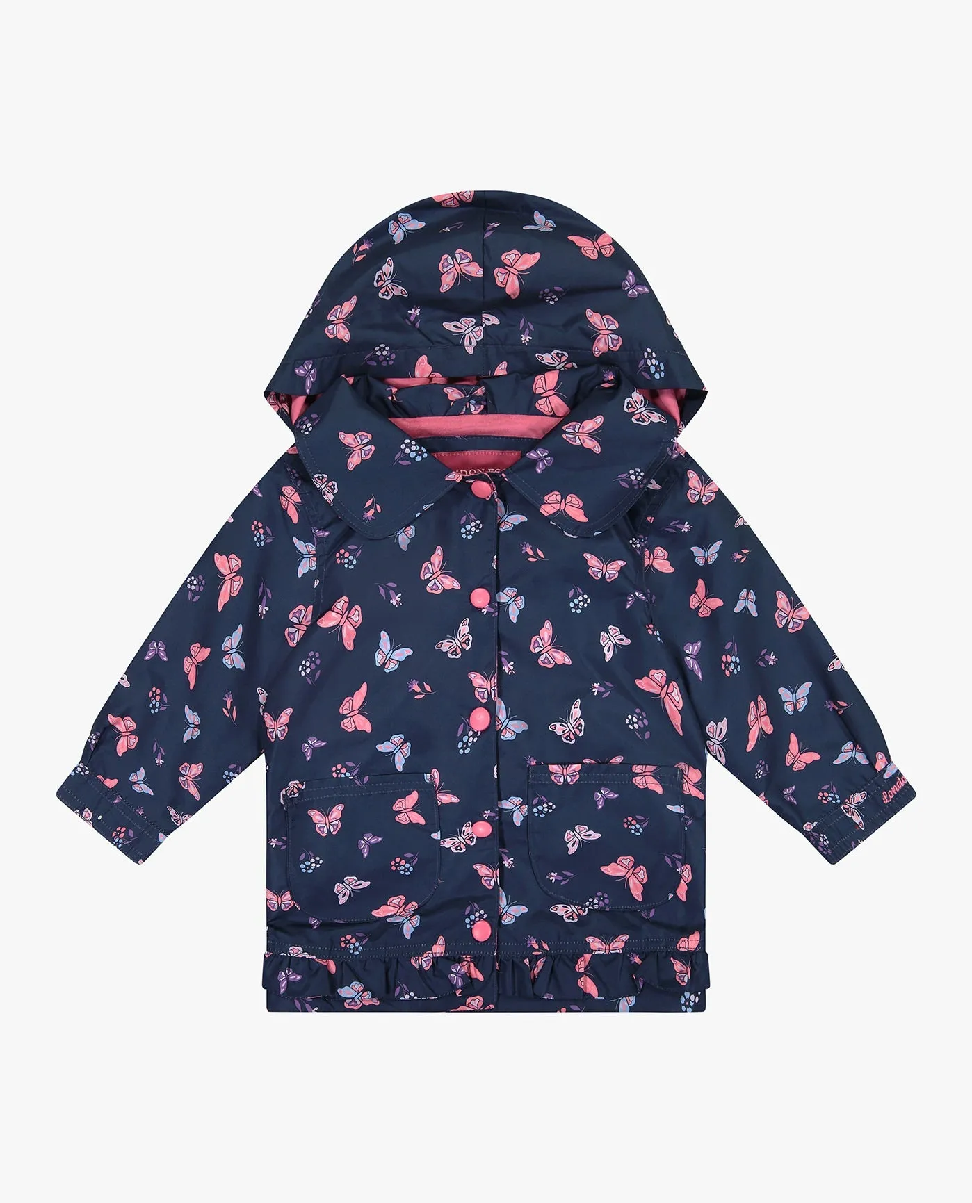 TODDLER GIRLS PRINTED COLLARED SNAP FRONT RAINCOAT WITH HOOD