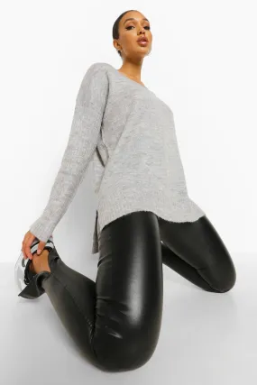 V Neck Drop Hem Knitted Sweater