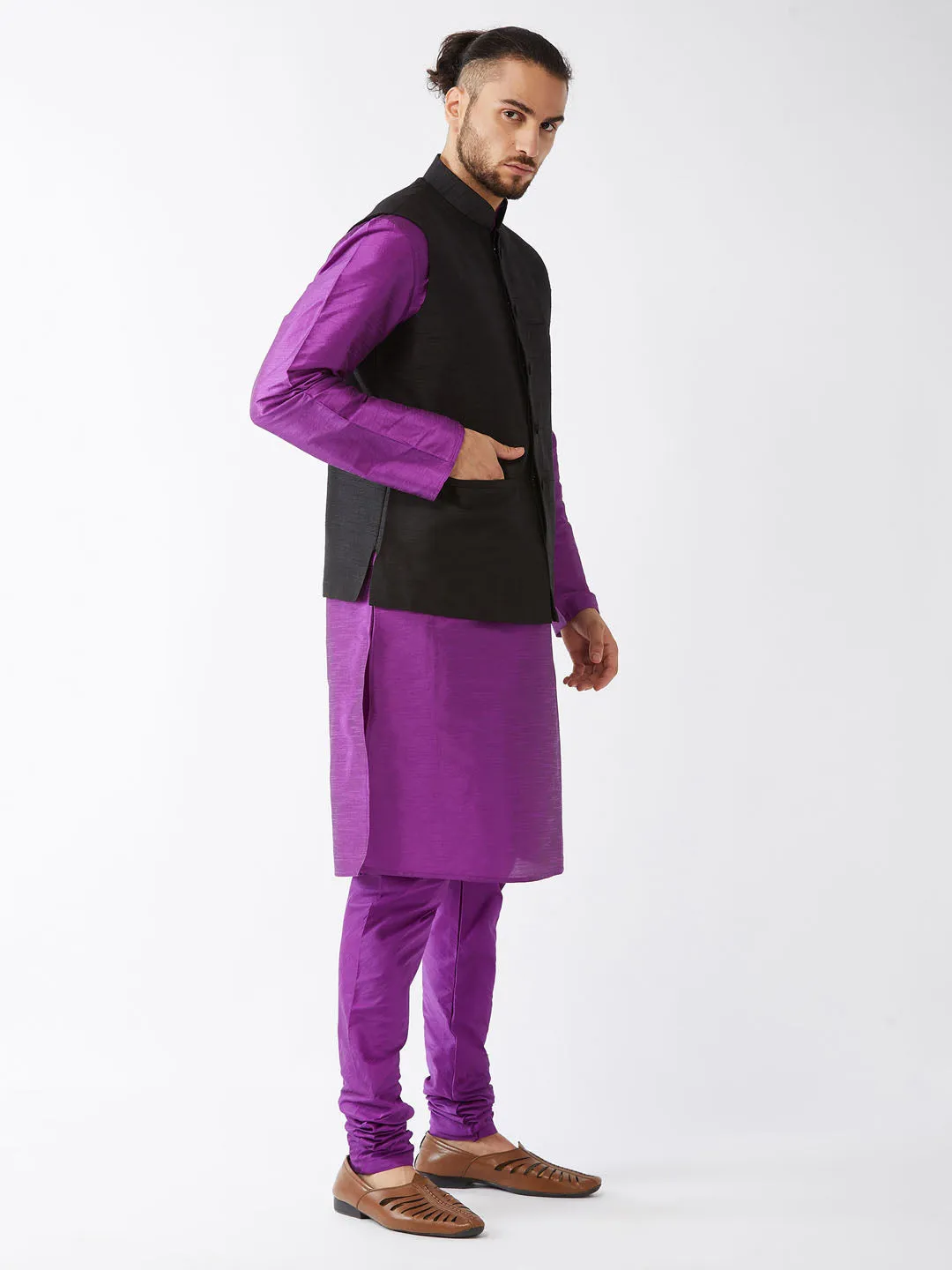 VASTRAMAY Men's Black Silk Blend Jacket, Purple Kurta and Pyjama Set