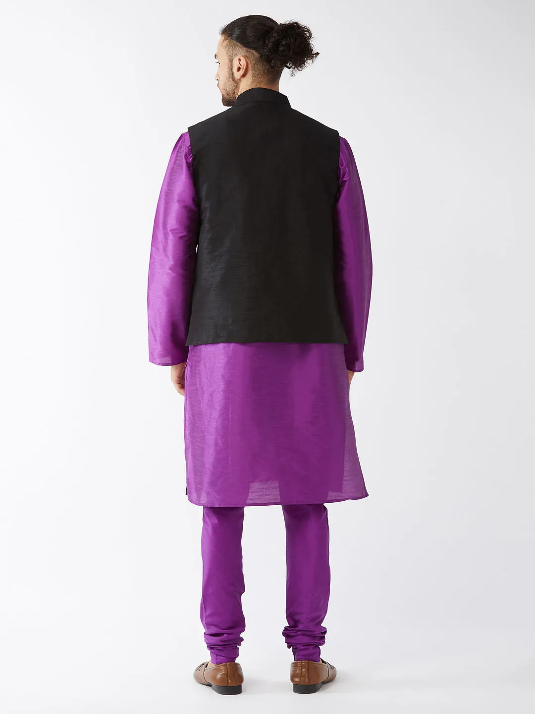 VASTRAMAY Men's Black Silk Blend Jacket, Purple Kurta and Pyjama Set