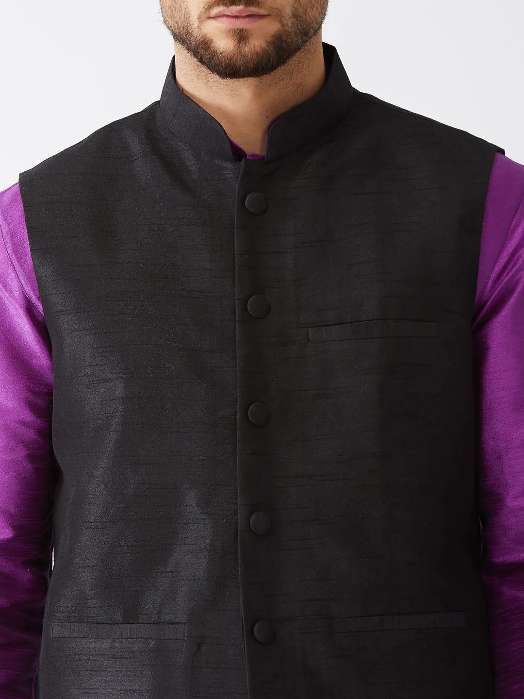 VASTRAMAY Men's Black Silk Blend Jacket, Purple Kurta and Pyjama Set