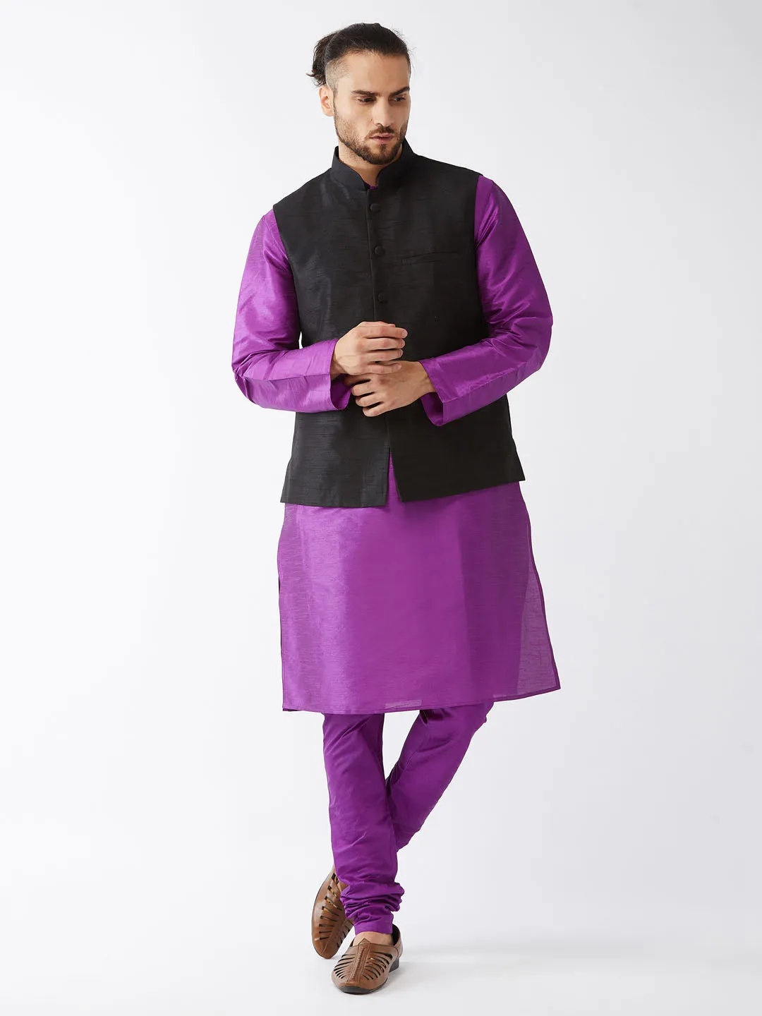 VASTRAMAY Men's Black Silk Blend Jacket, Purple Kurta and Pyjama Set