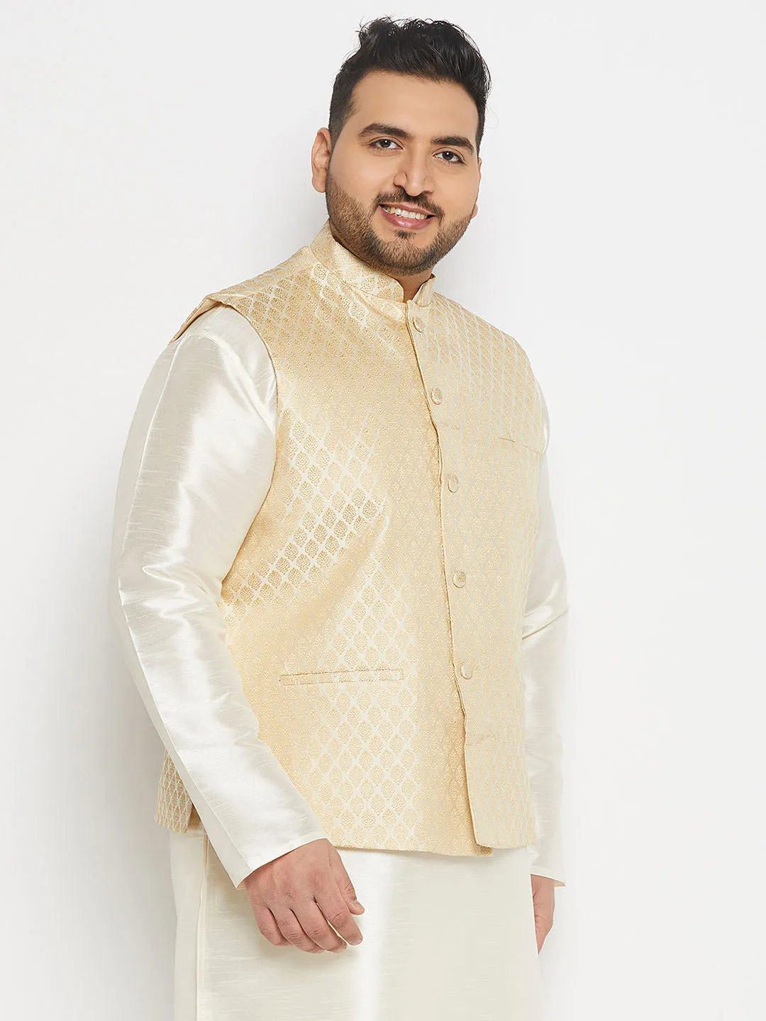 VASTRAMAY Men's Plus Size Cream and Gold Jacquard Nehru Jacket