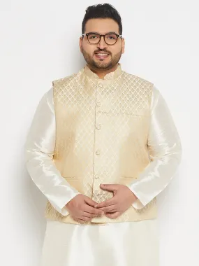 VASTRAMAY Men's Plus Size Cream and Gold Jacquard Nehru Jacket