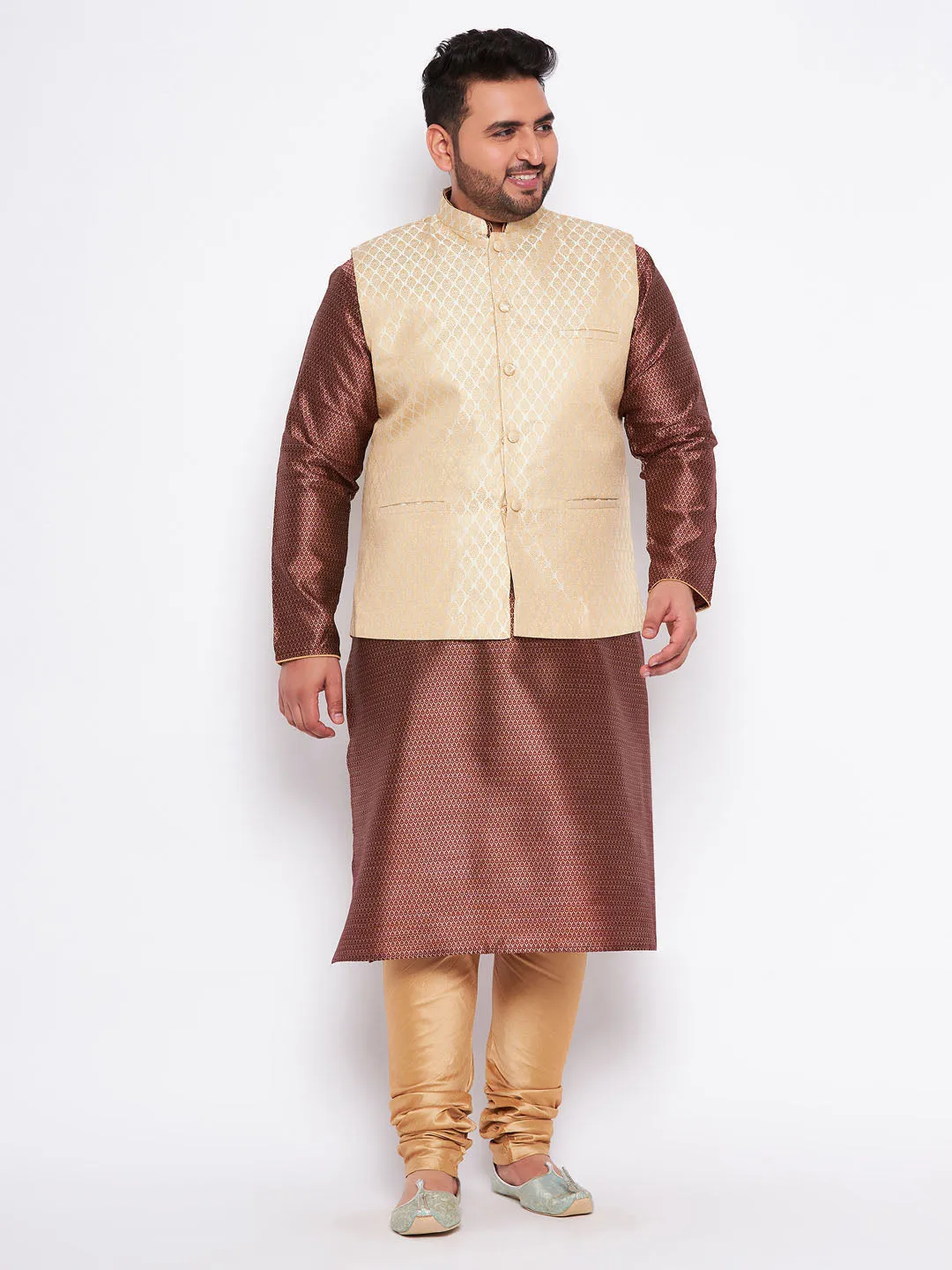 VASTRAMAY Men's Plus Size Cream Ethnic Cream Jacket With Maroon Silk Blend Kurta and Golden Pyjama Set